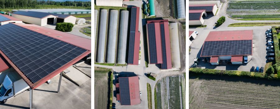 Montage de 3 photos d'une installation professionnelle de panneaux solaires sur bâtiments professionnels